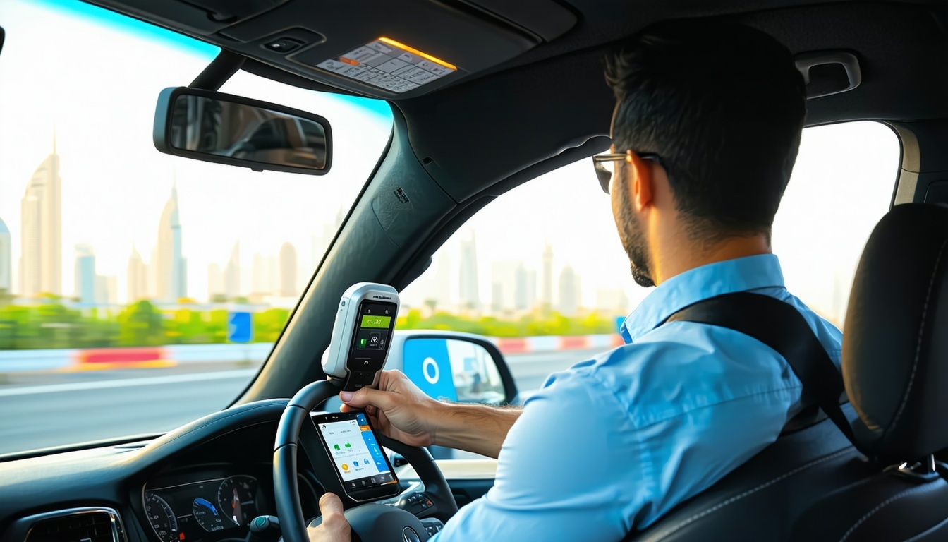 Driver using a smart toll payment device in Dubai