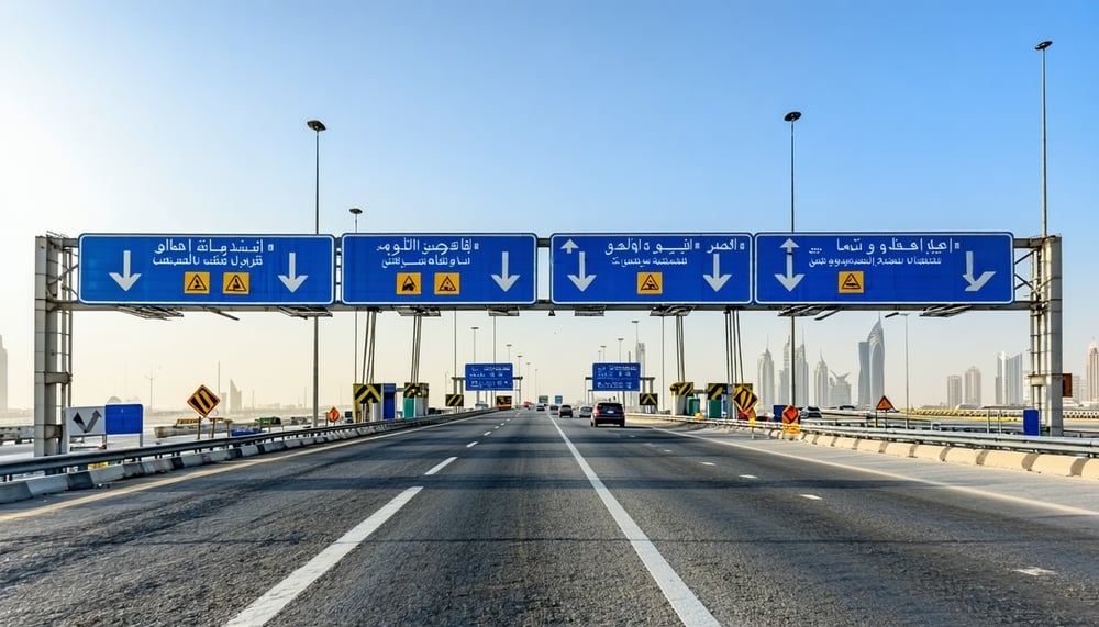 Dubai highway with road toll gate Dubai highway with road toll gate